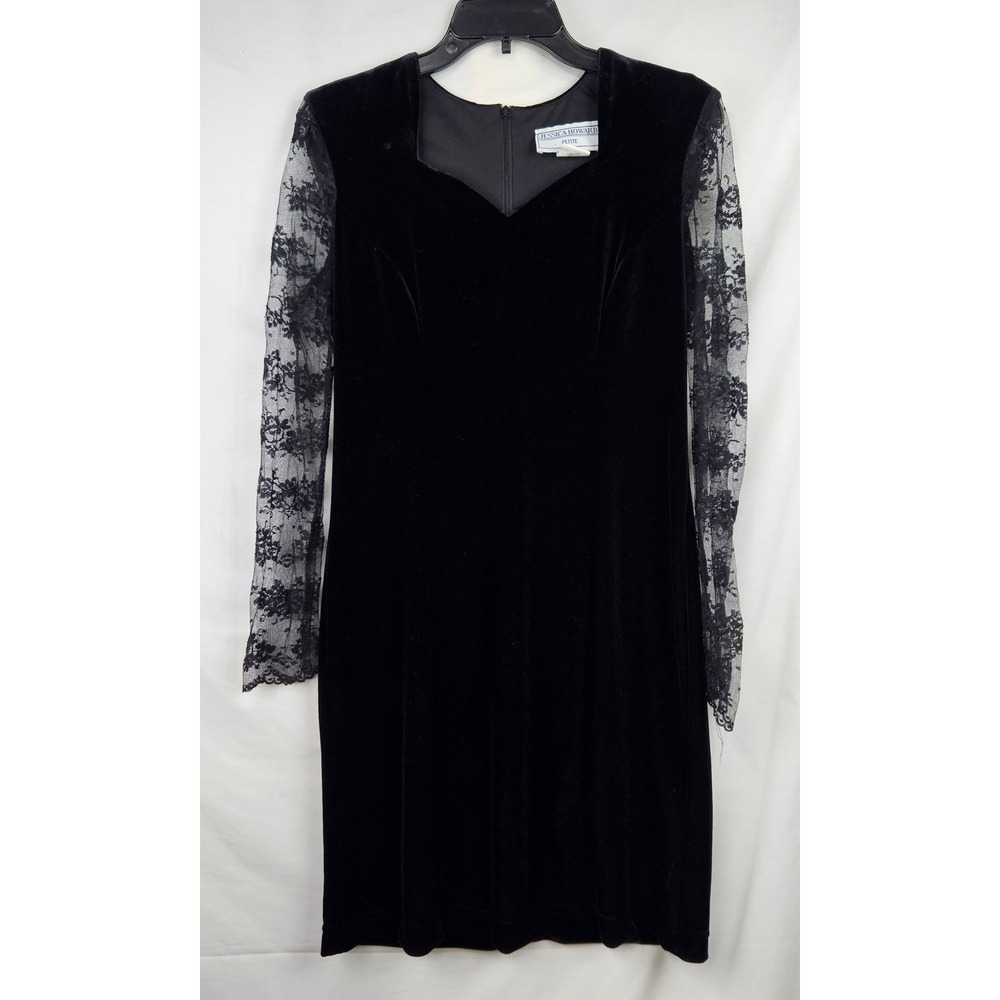 Jessica Howard Petite Black Velvet Lace Sleeve Cocktail Dress Size 10‎ Vintage